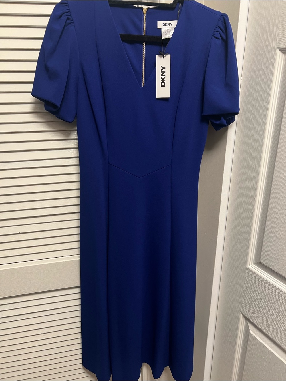 Donna Karan Royal Blue V-Neck Midi Dress with Puff Sleeves